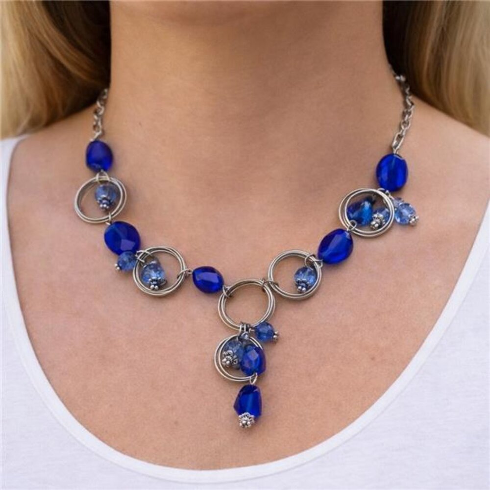 Blue Crystal Necklace Silver Tone Circle Link Chain 26" Adjustable Clasp
